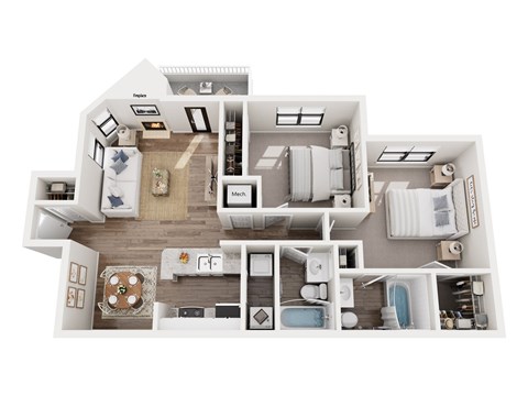 Floor plan for 2 beds, 2 baths, 995 sqft